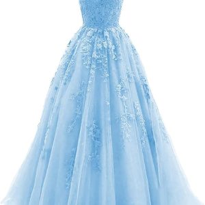 Women's Lace Appliques Prom Dresses Long Spaghetti Strap Ball Gowns Tulle Formal Dress for Party